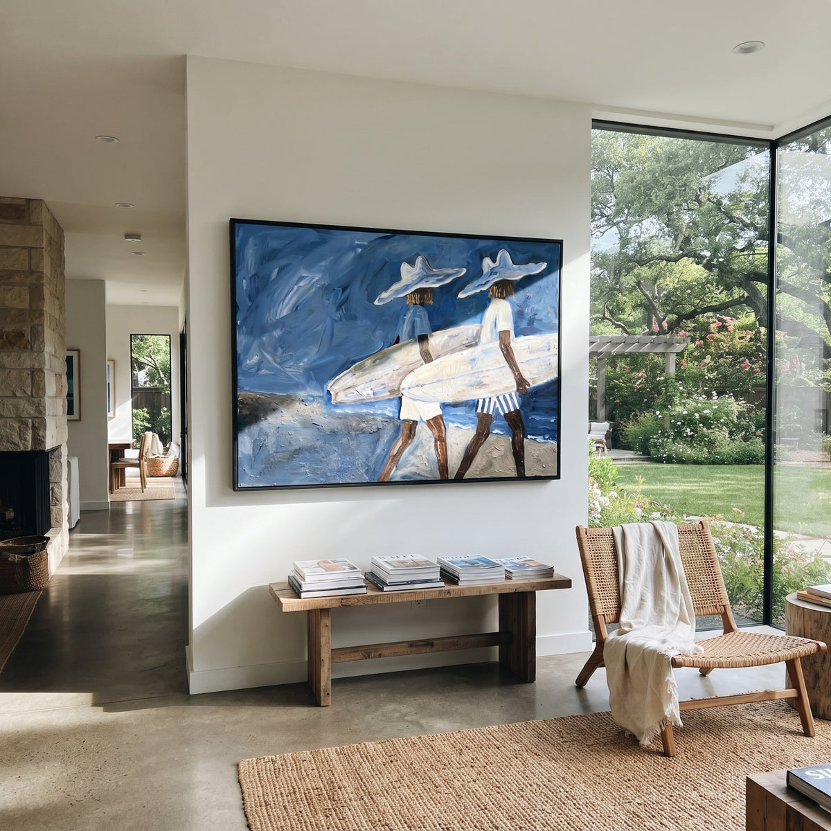 Palm Wall Surfboard Figure focuses on palm wall surfboard figure with white hats, surfboard forms, beach horizon, palm or checkered floor details. The composition is built from the exact pose, clothing shape, accessories, furniture, animal form, shoreline, palm shape, surfboard, or table arrangement visible in this artwork, so the image reads as a specific modern figurative painting rather than a generic decorative abstract. The blue; white; sand palette gives the piece its main atmosphere