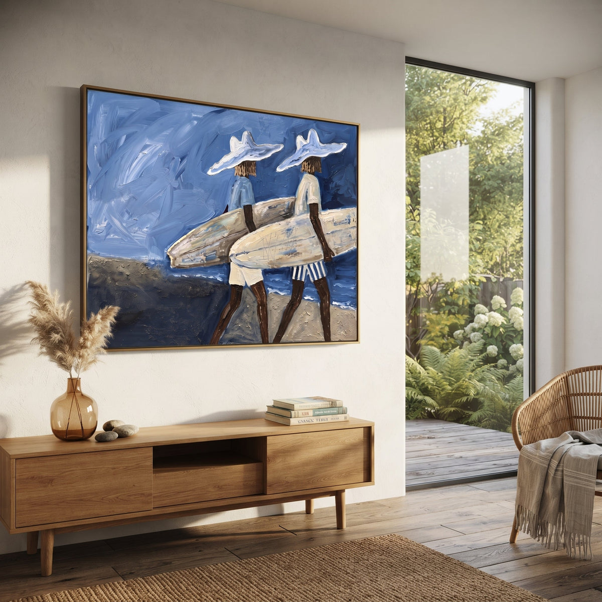 Palm Wall Surfboard Figure focuses on palm wall surfboard figure with white hats, surfboard forms, beach horizon, palm or checkered floor details. The composition is built from the exact pose, clothing shape, accessories, furniture, animal form, shoreline, palm shape, surfboard, or table arrangement visible in this artwork, so the image reads as a specific modern figurative painting rather than a generic decorative abstract. The blue; white; sand palette gives the piece its main atmosphere