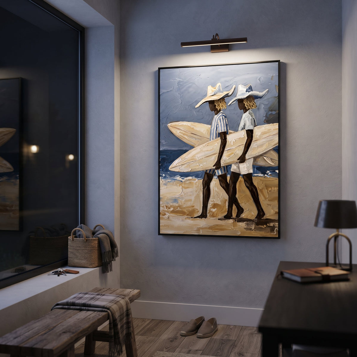 Indoor Checkered Surfboard Walk focuses on indoor checkered surfboard walk with white hats, surfboard forms, beach horizon, palm or checkered floor details. The composition is built from the exact pose, clothing shape, accessories, furniture, animal form, shoreline, palm shape, surfboard, or table arrangement visible in this artwork, so the image reads as a specific modern figurative painting rather than a generic decorative abstract. The blue; white; sand palette gives the piece its main