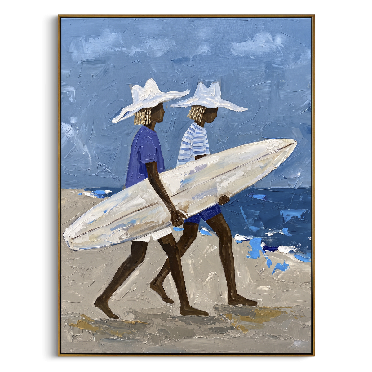 Checkered Board Hat Portrait focuses on checkered board hat portrait with white hats, surfboard forms, beach horizon, palm or checkered floor details. The composition is built from the exact pose, clothing shape, accessories, furniture, animal form, shoreline, palm shape, surfboard, or table arrangement visible in this artwork, so the image reads as a specific modern figurative painting rather than a generic decorative abstract. The blue; white; sand palette gives the piece its main atmosphere