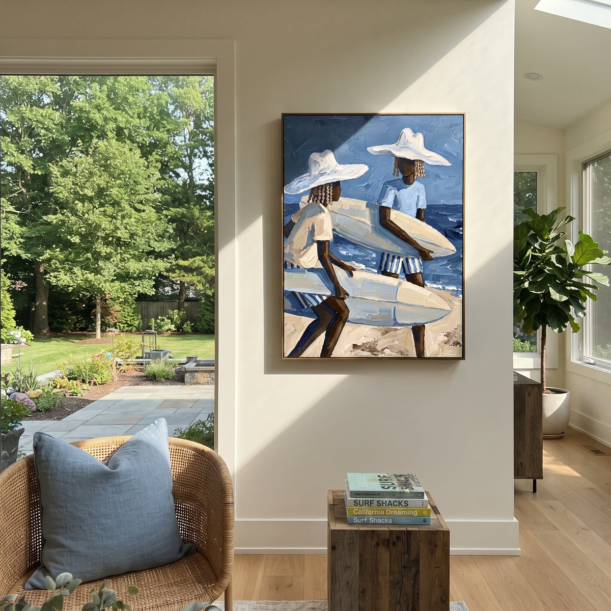 Sunset Palm Surfboard Walk focuses on sunset palm surfboard walk with white hats, surfboard forms, beach horizon, palm or checkered floor details. The composition is built from the exact pose, clothing shape, accessories, furniture, animal form, shoreline, palm shape, surfboard, or table arrangement visible in this artwork, so the image reads as a specific modern figurative painting rather than a generic decorative abstract. The blue; white; sand palette gives the piece its main atmosphere
