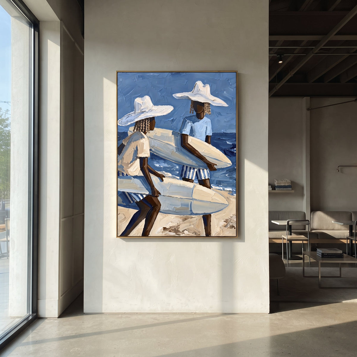 Sunset Palm Surfboard Walk focuses on sunset palm surfboard walk with white hats, surfboard forms, beach horizon, palm or checkered floor details. The composition is built from the exact pose, clothing shape, accessories, furniture, animal form, shoreline, palm shape, surfboard, or table arrangement visible in this artwork, so the image reads as a specific modern figurative painting rather than a generic decorative abstract. The blue; white; sand palette gives the piece its main atmosphere