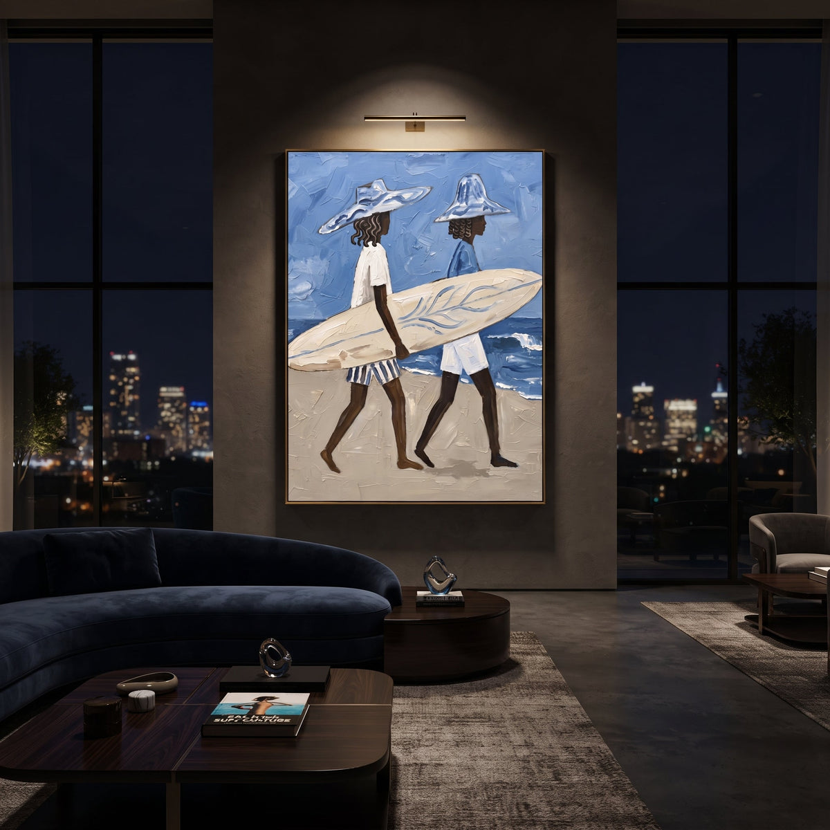 Upright Board Palm Lean focuses on vertical board palm lean with white hats, surfboard forms, beach horizon, palm or checkered floor details. The composition is built from the exact pose, clothing shape, accessories, furniture, animal form, shoreline, palm shape, surfboard, or table arrangement visible in this artwork, so the image reads as a specific modern figurative painting rather than a generic decorative abstract. The blue; white; sand palette gives the piece its main atmosphere, while