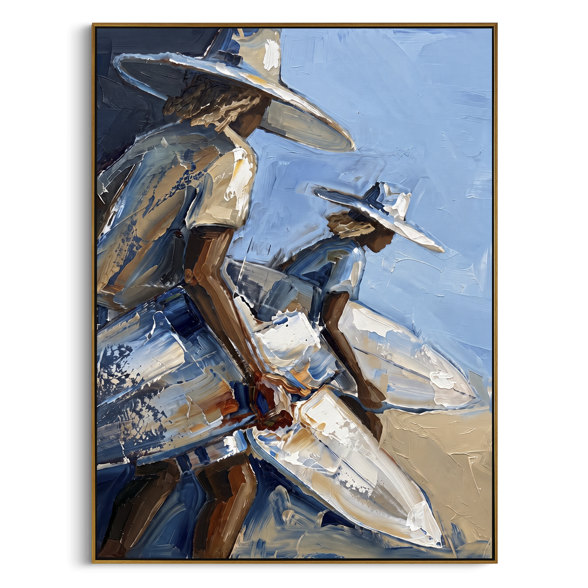 Small Surfer Palm Corner focuses on small surfer palm corner with white hats, surfboard forms, beach horizon, palm or checkered floor details. The composition is built from the exact pose, clothing shape, accessories, furniture, animal form, shoreline, palm shape, surfboard, or table arrangement visible in this artwork, so the image reads as a specific modern figurative painting rather than a generic decorative abstract. The blue; white; sand palette gives the piece its main atmosphere, while