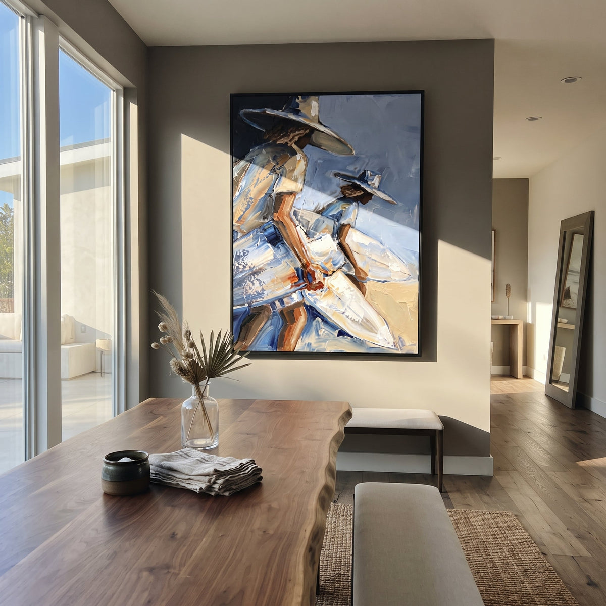 Small Surfer Palm Corner focuses on small surfer palm corner with white hats, surfboard forms, beach horizon, palm or checkered floor details. The composition is built from the exact pose, clothing shape, accessories, furniture, animal form, shoreline, palm shape, surfboard, or table arrangement visible in this artwork, so the image reads as a specific modern figurative painting rather than a generic decorative abstract. The blue; white; sand palette gives the piece its main atmosphere, while