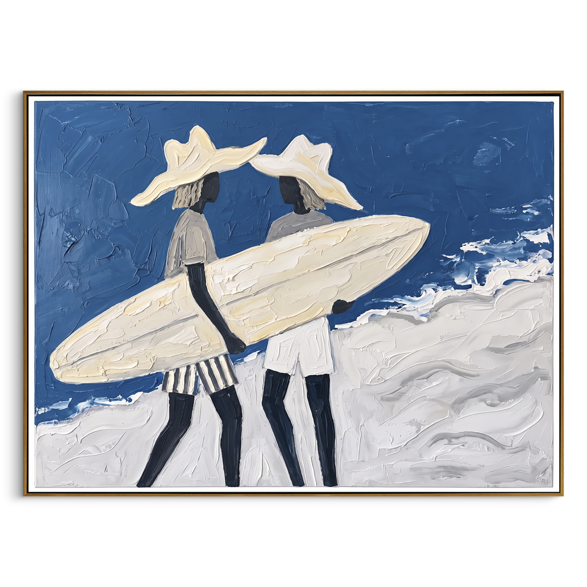 Board And Palm Wall Walk focuses on board and palm wall walk with white hats, surfboard forms, beach horizon, palm or checkered floor details. The composition is built from the exact pose, clothing shape, accessories, furniture, animal form, shoreline, palm shape, surfboard, or table arrangement visible in this artwork, so the image reads as a specific modern figurative painting rather than a generic decorative abstract. The blue; white; sand palette gives the piece its main atmosphere, while