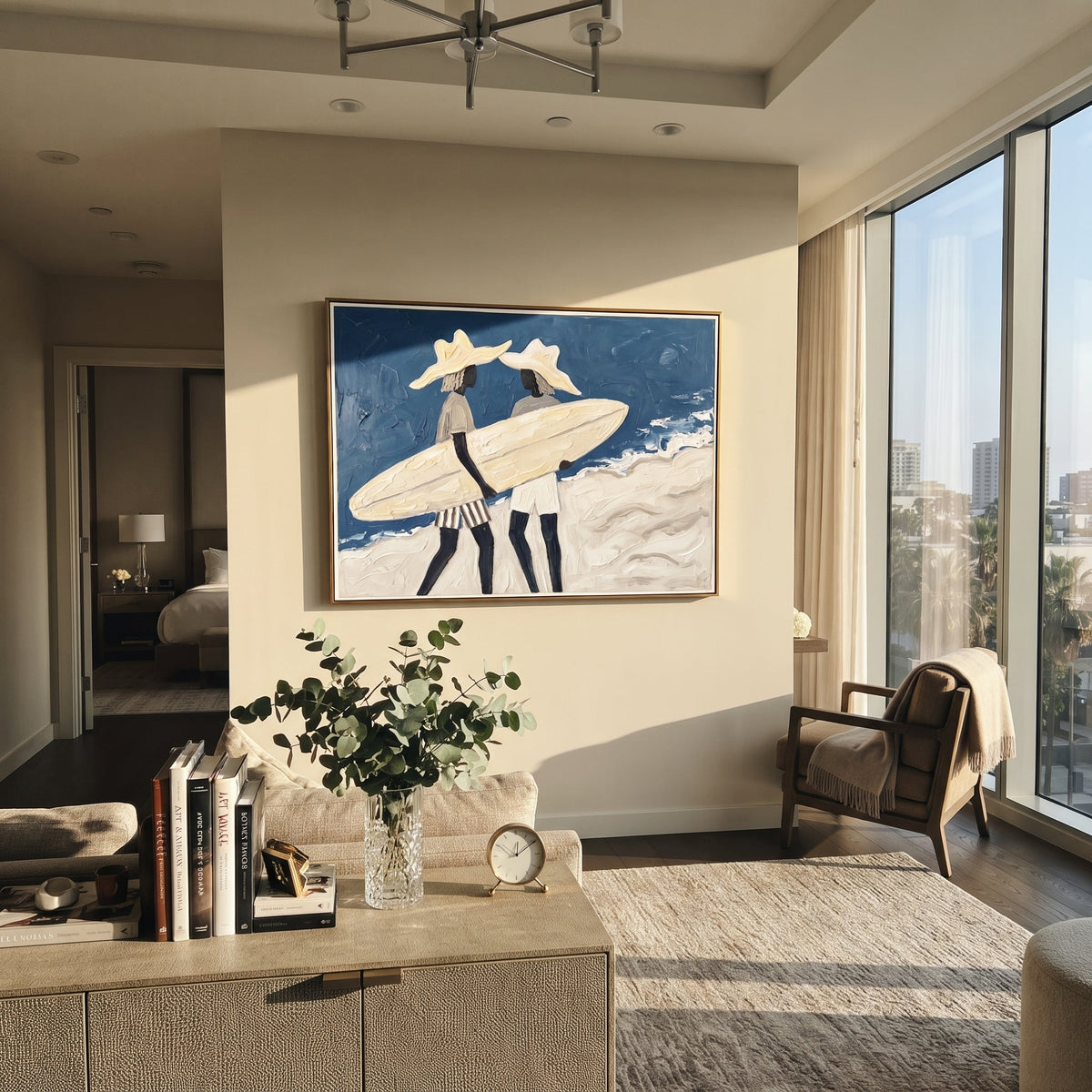 Board And Palm Wall Walk focuses on board and palm wall walk with white hats, surfboard forms, beach horizon, palm or checkered floor details. The composition is built from the exact pose, clothing shape, accessories, furniture, animal form, shoreline, palm shape, surfboard, or table arrangement visible in this artwork, so the image reads as a specific modern figurative painting rather than a generic decorative abstract. The blue; white; sand palette gives the piece its main atmosphere, while
