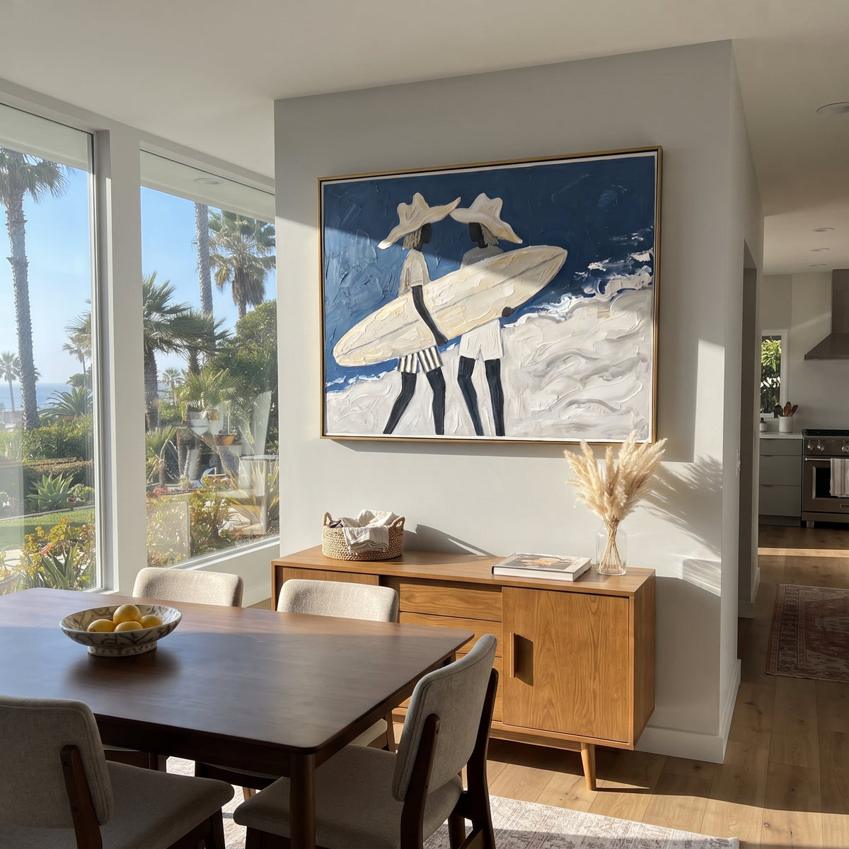 Board And Palm Wall Walk focuses on board and palm wall walk with white hats, surfboard forms, beach horizon, palm or checkered floor details. The composition is built from the exact pose, clothing shape, accessories, furniture, animal form, shoreline, palm shape, surfboard, or table arrangement visible in this artwork, so the image reads as a specific modern figurative painting rather than a generic decorative abstract. The blue; white; sand palette gives the piece its main atmosphere, while