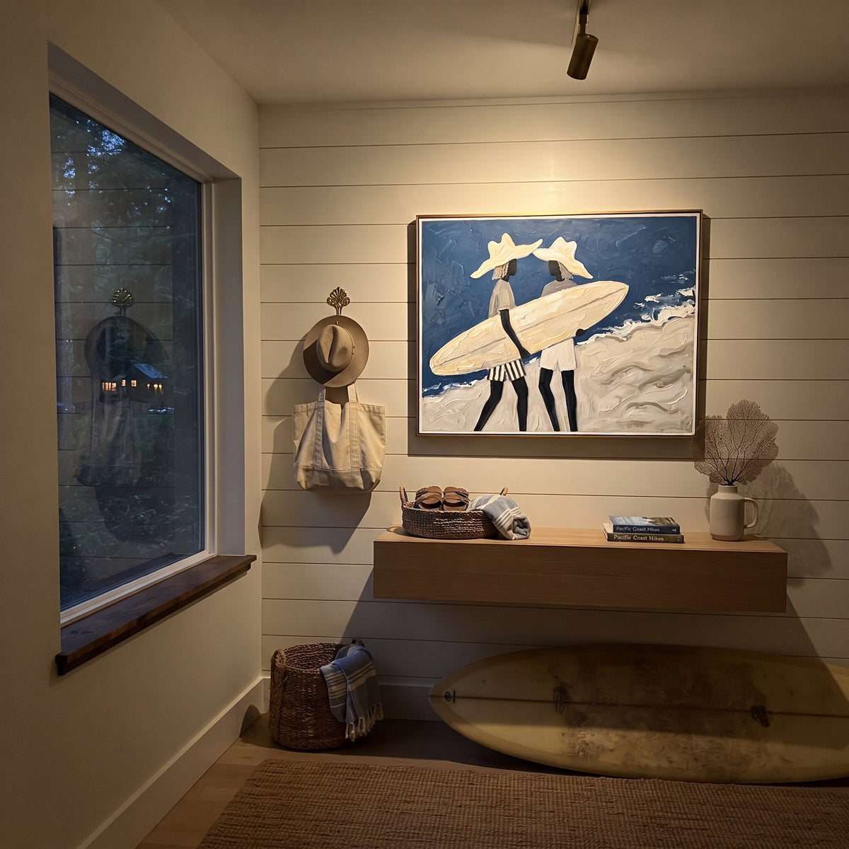 Board And Palm Wall Walk focuses on board and palm wall walk with white hats, surfboard forms, beach horizon, palm or checkered floor details. The composition is built from the exact pose, clothing shape, accessories, furniture, animal form, shoreline, palm shape, surfboard, or table arrangement visible in this artwork, so the image reads as a specific modern figurative painting rather than a generic decorative abstract. The blue; white; sand palette gives the piece its main atmosphere, while