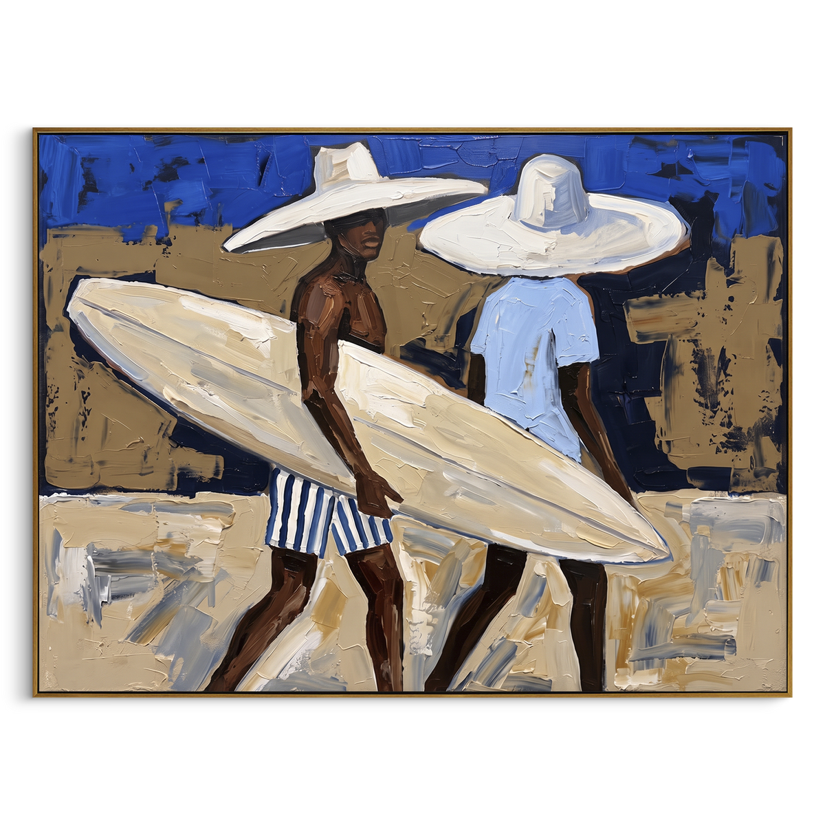 Palm Trunk Surfboard Pause focuses on palm trunk surfboard pause with white hats, surfboard forms, beach horizon, palm or checkered floor details. The composition is built from the exact pose, clothing shape, accessories, furniture, animal form, shoreline, palm shape, surfboard, or table arrangement visible in this artwork, so the image reads as a specific modern figurative painting rather than a generic decorative abstract. The blue; white; sand palette gives the piece its main atmosphere
