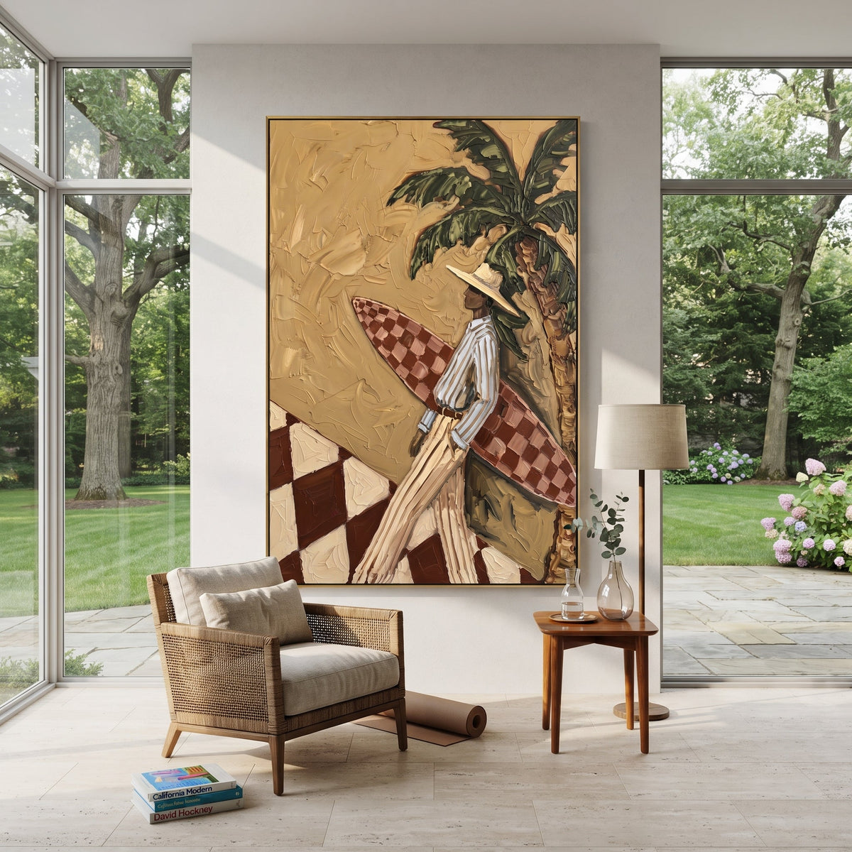 Tall Card Table Cowgirls focuses on tall card table cowgirls with two western figures, wide hats, black table or bar surface, martini glasses, floating playing cards, and dark olive saloon ground. The composition is built from the exact pose, clothing shape, accessories, furniture, animal form, shoreline, palm shape, surfboard, or table arrangement visible in this artwork, so the image reads as a specific modern figurative painting rather than a generic decorative abstract. The green; pink