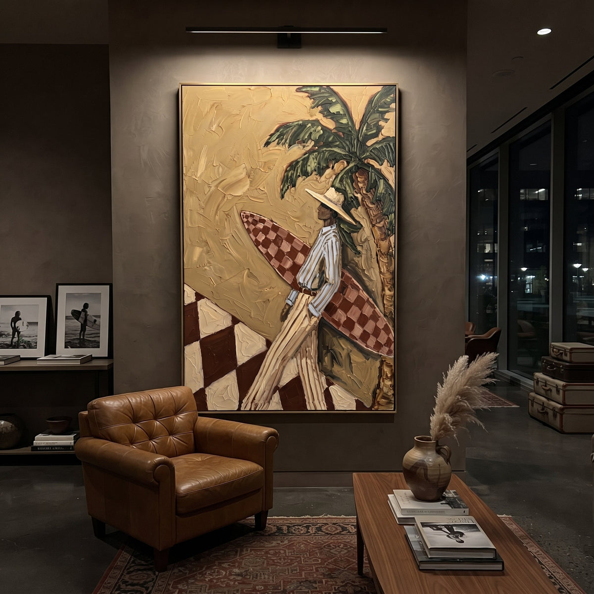 Tall Card Table Cowgirls focuses on tall card table cowgirls with two western figures, wide hats, black table or bar surface, martini glasses, floating playing cards, and dark olive saloon ground. The composition is built from the exact pose, clothing shape, accessories, furniture, animal form, shoreline, palm shape, surfboard, or table arrangement visible in this artwork, so the image reads as a specific modern figurative painting rather than a generic decorative abstract. The green; pink