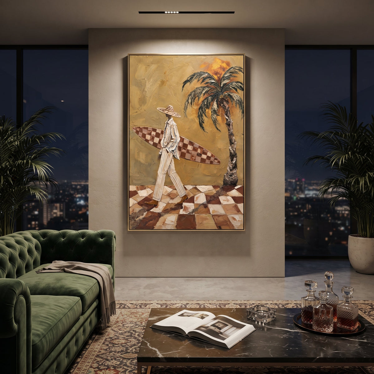 Two Cowgirls Floating Cards focuses on two cowgirls floating cards with two western figures, wide hats, black table or bar surface, martini glasses, floating playing cards, and dark olive saloon ground. The composition is built from the exact pose, clothing shape, accessories, furniture, animal form, shoreline, palm shape, surfboard, or table arrangement visible in this artwork, so the image reads as a specific modern figurative painting rather than a generic decorative abstract. The green