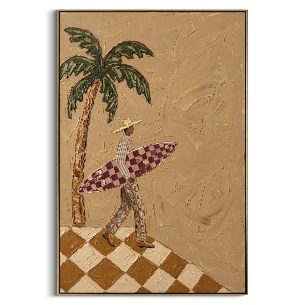 Leaning Pink Poker Players focuses on leaning pink poker players with two western figures, wide hats, black table or bar surface, martini glasses, floating playing cards, and dark olive saloon ground. The composition is built from the exact pose, clothing shape, accessories, furniture, animal form, shoreline, palm shape, surfboard, or table arrangement visible in this artwork, so the image reads as a specific modern figurative painting rather than a generic decorative abstract. The green; pink