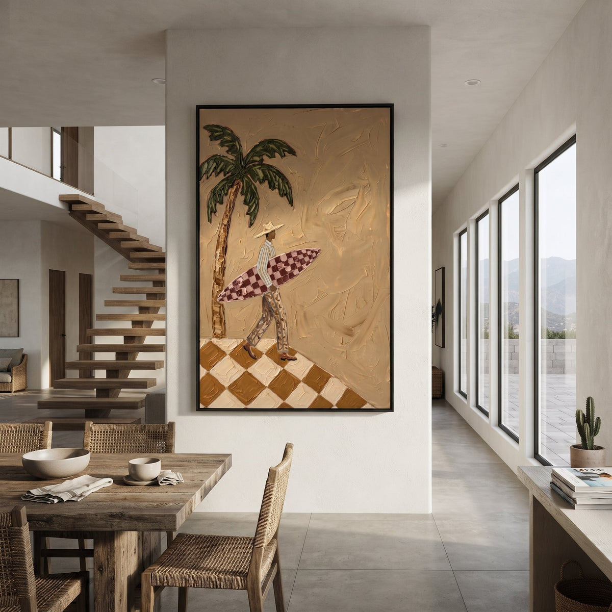 Leaning Pink Poker Players focuses on leaning pink poker players with two western figures, wide hats, black table or bar surface, martini glasses, floating playing cards, and dark olive saloon ground. The composition is built from the exact pose, clothing shape, accessories, furniture, animal form, shoreline, palm shape, surfboard, or table arrangement visible in this artwork, so the image reads as a specific modern figurative painting rather than a generic decorative abstract. The green; pink
