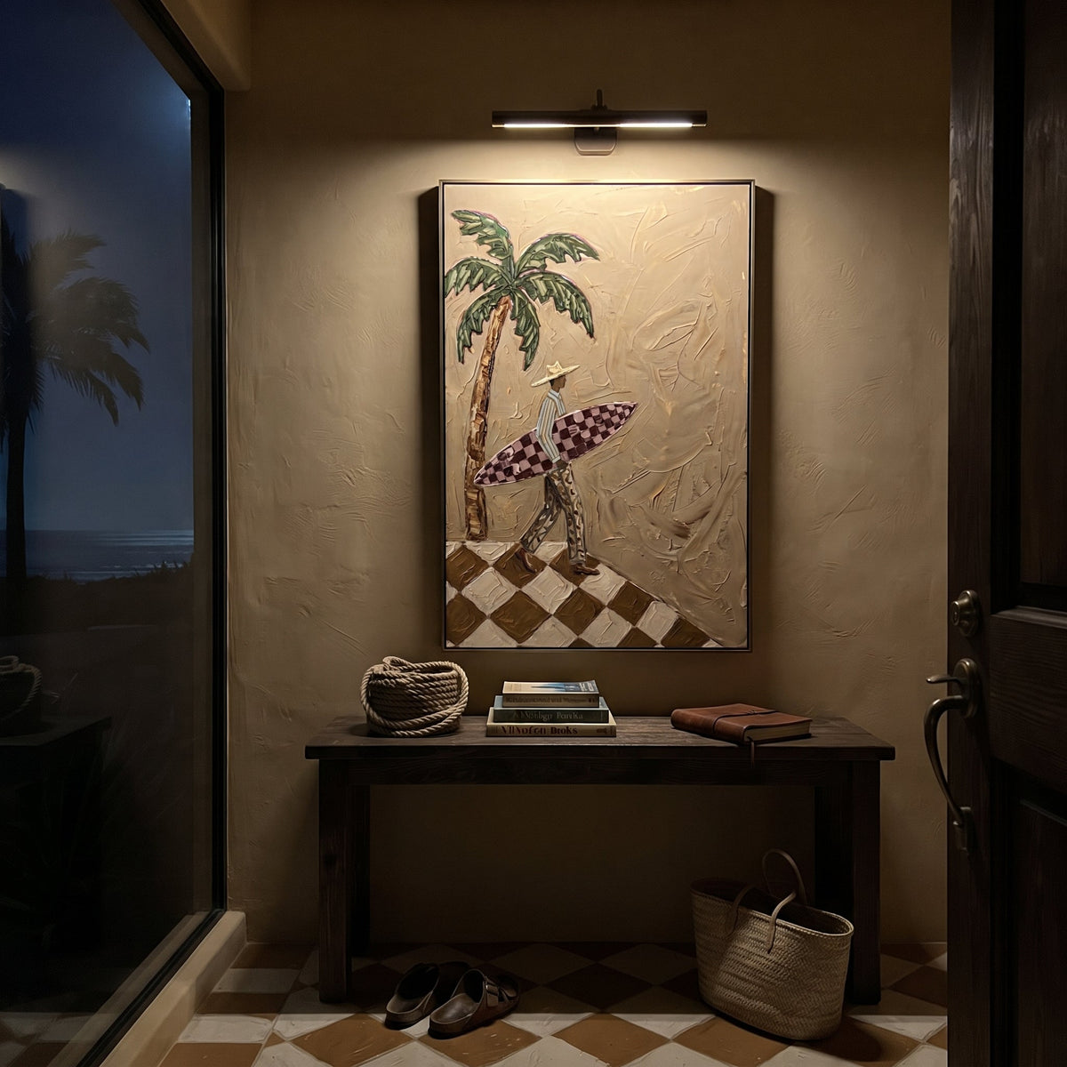 Leaning Pink Poker Players focuses on leaning pink poker players with two western figures, wide hats, black table or bar surface, martini glasses, floating playing cards, and dark olive saloon ground. The composition is built from the exact pose, clothing shape, accessories, furniture, animal form, shoreline, palm shape, surfboard, or table arrangement visible in this artwork, so the image reads as a specific modern figurative painting rather than a generic decorative abstract. The green; pink
