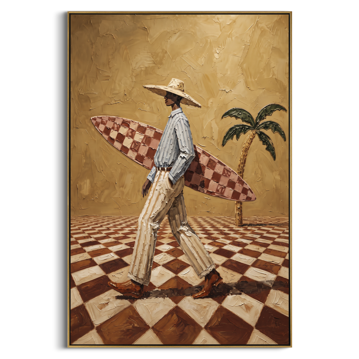 Cream Hat Card Toast focuses on cream hat card toast with two western figures, wide hats, black table or bar surface, martini glasses, floating playing cards, and dark olive saloon ground. The composition is built from the exact pose, clothing shape, accessories, furniture, animal form, shoreline, palm shape, surfboard, or table arrangement visible in this artwork, so the image reads as a specific modern figurative painting rather than a generic decorative abstract. The green; pink; black