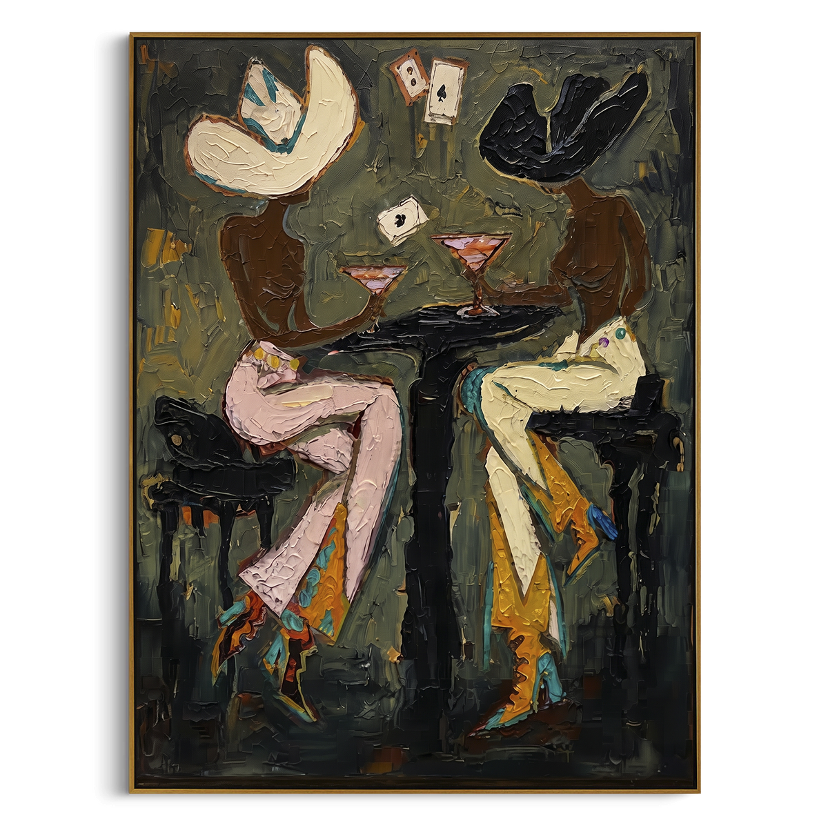 Yellow Vest Poker Pair focuses on yellow vest poker pair with two western figures, wide hats, black table or bar surface, martini glasses, floating playing cards, and dark olive saloon ground. The composition is built from the exact pose, clothing shape, accessories, furniture, animal form, shoreline, palm shape, surfboard, or table arrangement visible in this artwork, so the image reads as a specific modern figurative painting rather than a generic decorative abstract. The green; pink; black