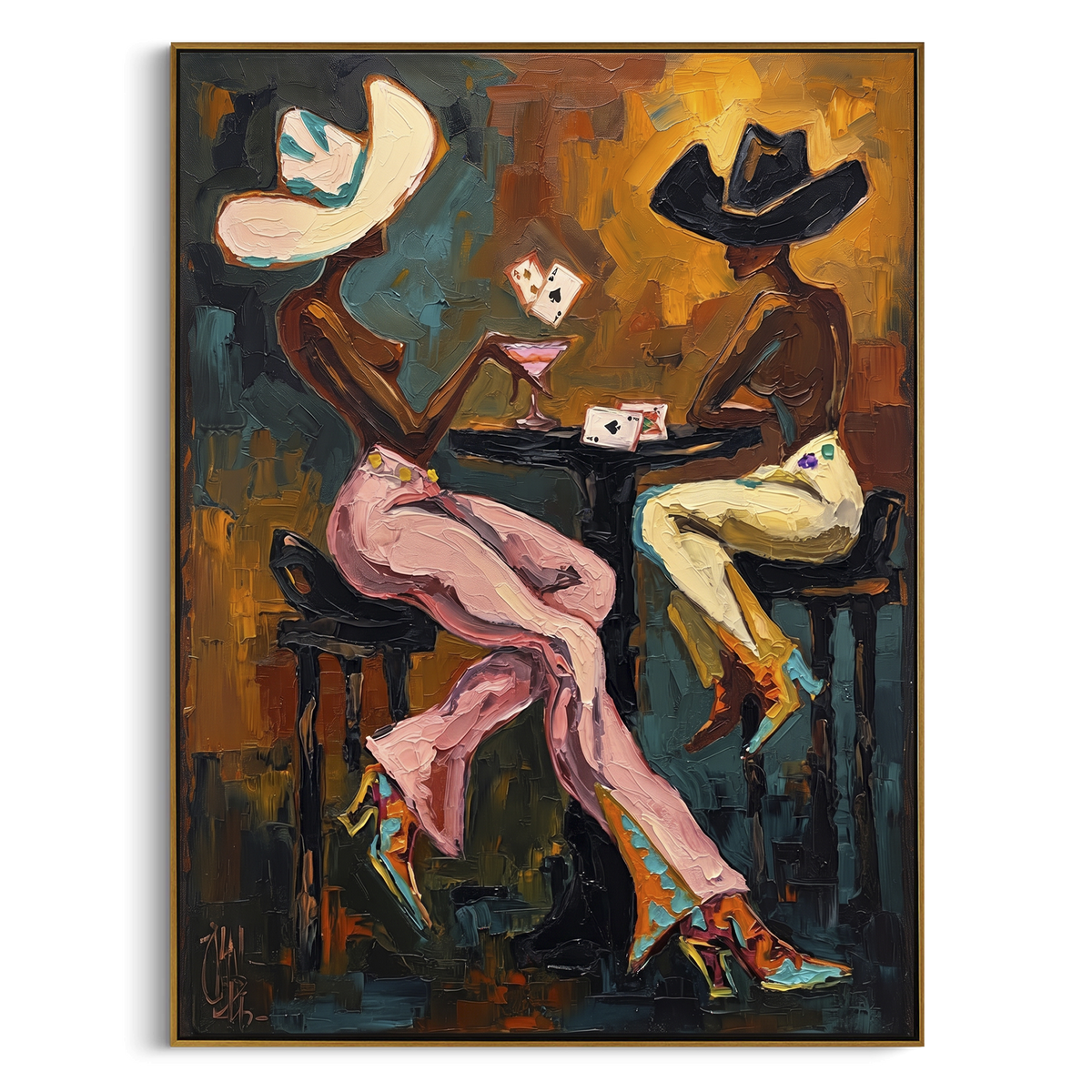 Card Rain Poker Table focuses on card rain poker table with two western figures, wide hats, black table or bar surface, martini glasses, floating playing cards, and dark olive saloon ground. The composition is built from the exact pose, clothing shape, accessories, furniture, animal form, shoreline, palm shape, surfboard, or table arrangement visible in this artwork, so the image reads as a specific modern figurative painting rather than a generic decorative abstract. The green; pink; black