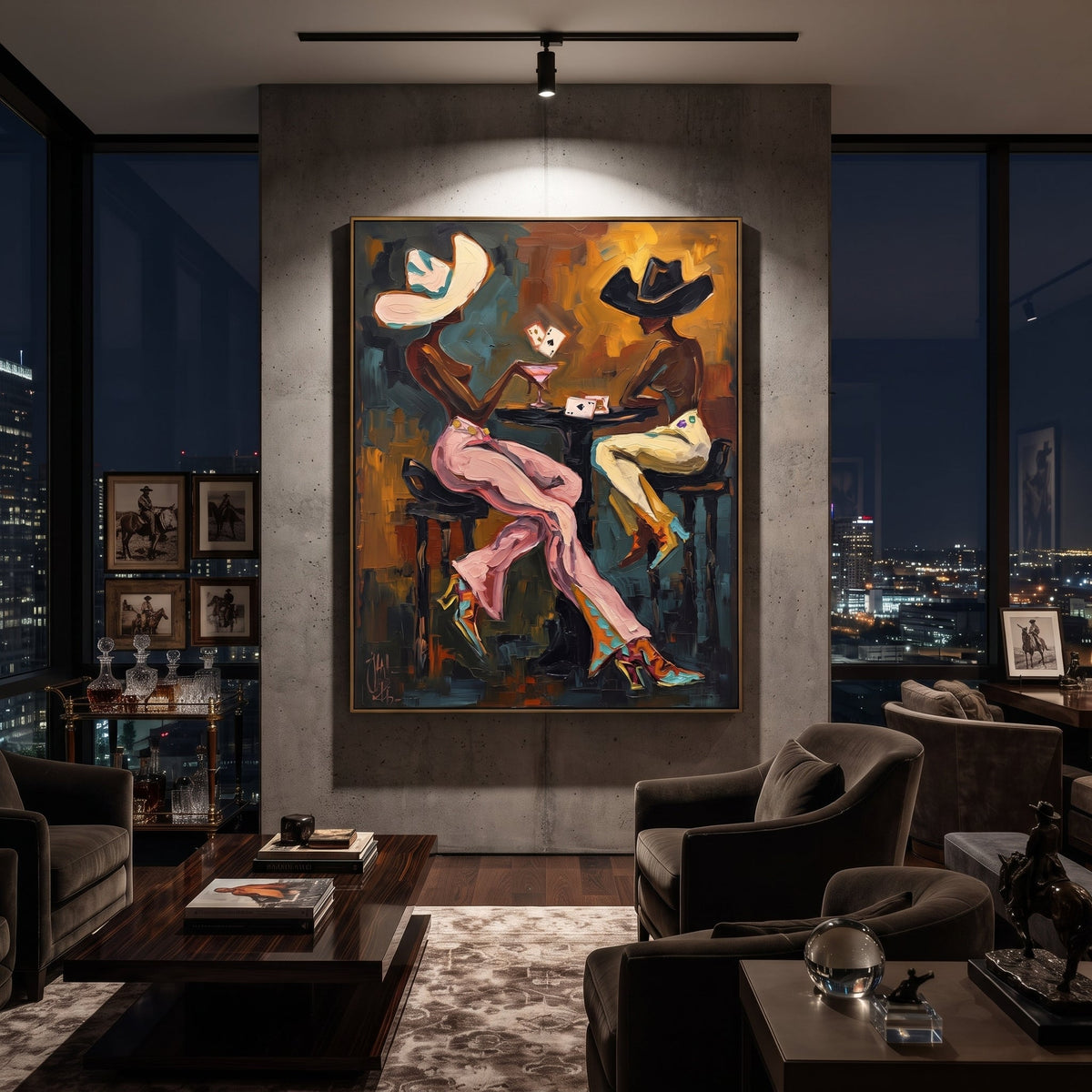 Card Rain Poker Table focuses on card rain poker table with two western figures, wide hats, black table or bar surface, martini glasses, floating playing cards, and dark olive saloon ground. The composition is built from the exact pose, clothing shape, accessories, furniture, animal form, shoreline, palm shape, surfboard, or table arrangement visible in this artwork, so the image reads as a specific modern figurative painting rather than a generic decorative abstract. The green; pink; black