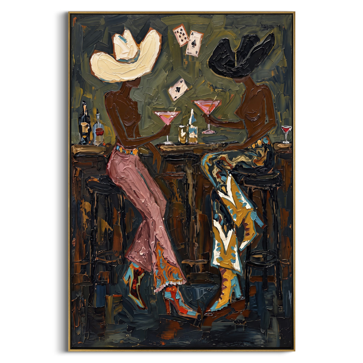 Dark Martini Poker Pair focuses on dark martini poker pair with two western figures, wide hats, black table or bar surface, martini glasses, floating playing cards, and dark olive saloon ground. The composition is built from the exact pose, clothing shape, accessories, furniture, animal form, shoreline, palm shape, surfboard, or table arrangement visible in this artwork, so the image reads as a specific modern figurative painting rather than a generic decorative abstract. The green; pink; black