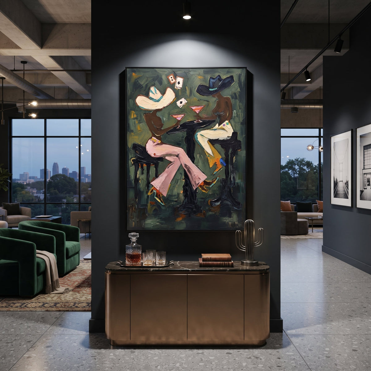 Black Hat Martini Table focuses on black hat martini table with two western figures, wide hats, black table or bar surface, martini glasses, floating playing cards, and dark olive saloon ground. The composition is built from the exact pose, clothing shape, accessories, furniture, animal form, shoreline, palm shape, surfboard, or table arrangement visible in this artwork, so the image reads as a specific modern figurative painting rather than a generic decorative abstract. The green; pink; black