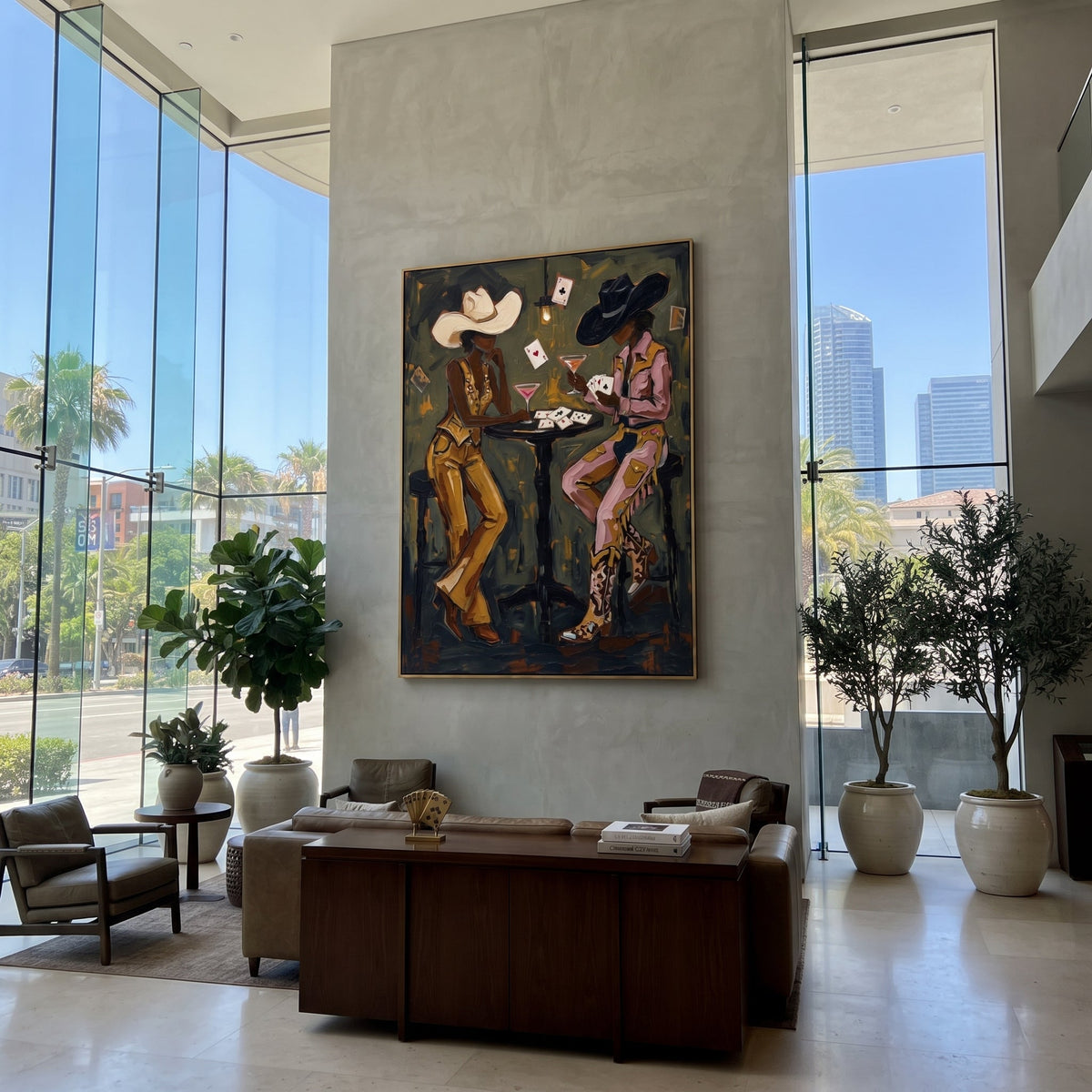 Falling Cards Saloon Pair focuses on falling cards saloon pair with two western figures, wide hats, black table or bar surface, martini glasses, floating playing cards, and dark olive saloon ground. The composition is built from the exact pose, clothing shape, accessories, furniture, animal form, shoreline, palm shape, surfboard, or table arrangement visible in this artwork, so the image reads as a specific modern figurative painting rather than a generic decorative abstract. The green; pink