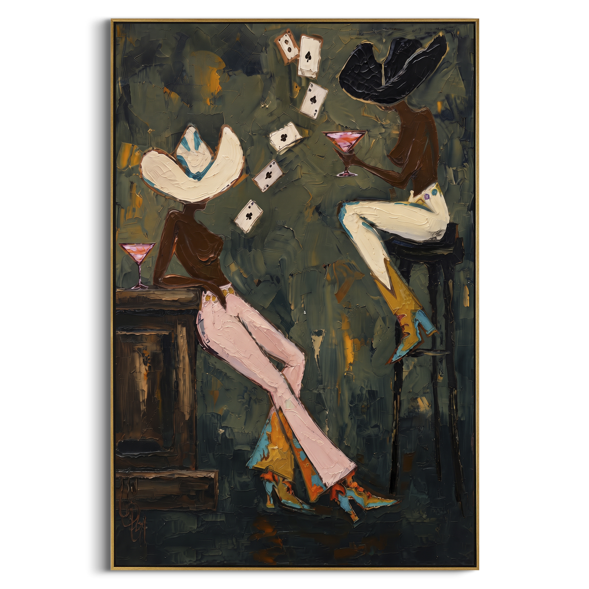 Dark Green Poker Toast focuses on dark green poker toast with two western figures, wide hats, black table or bar surface, martini glasses, floating playing cards, and dark olive saloon ground. The composition is built from the exact pose, clothing shape, accessories, furniture, animal form, shoreline, palm shape, surfboard, or table arrangement visible in this artwork, so the image reads as a specific modern figurative painting rather than a generic decorative abstract. The green; pink; black