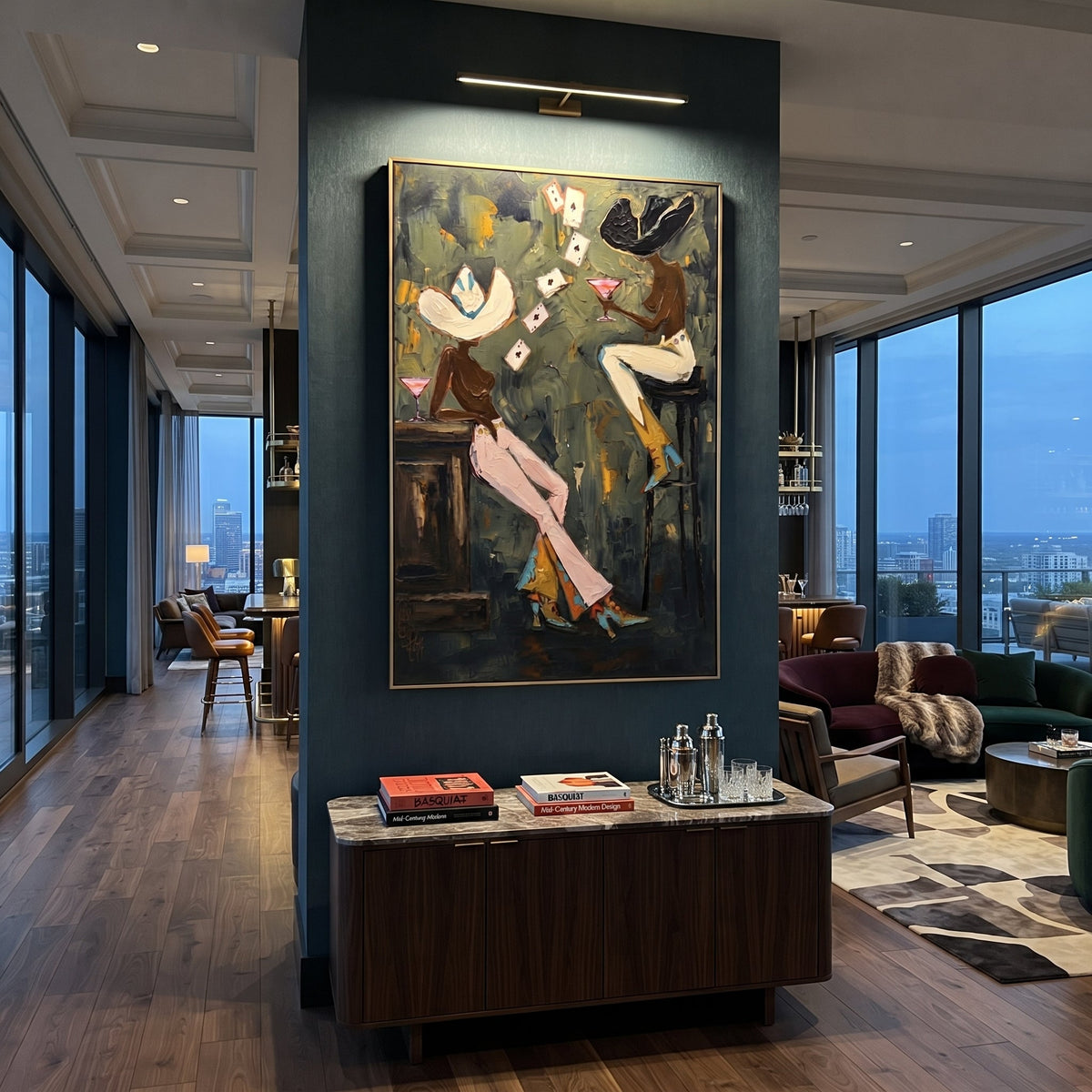 Dark Green Poker Toast focuses on dark green poker toast with two western figures, wide hats, black table or bar surface, martini glasses, floating playing cards, and dark olive saloon ground. The composition is built from the exact pose, clothing shape, accessories, furniture, animal form, shoreline, palm shape, surfboard, or table arrangement visible in this artwork, so the image reads as a specific modern figurative painting rather than a generic decorative abstract. The green; pink; black