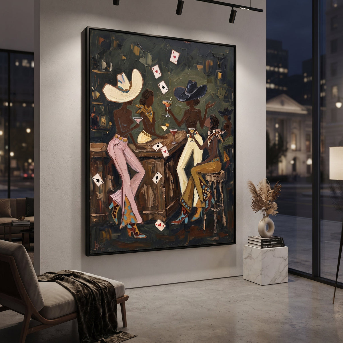 Cream Pants Table Duel focuses on cream pants table duel with two western figures, wide hats, black table or bar surface, martini glasses, floating playing cards, and dark olive saloon ground. The composition is built from the exact pose, clothing shape, accessories, furniture, animal form, shoreline, palm shape, surfboard, or table arrangement visible in this artwork, so the image reads as a specific modern figurative painting rather than a generic decorative abstract. The green; pink; black