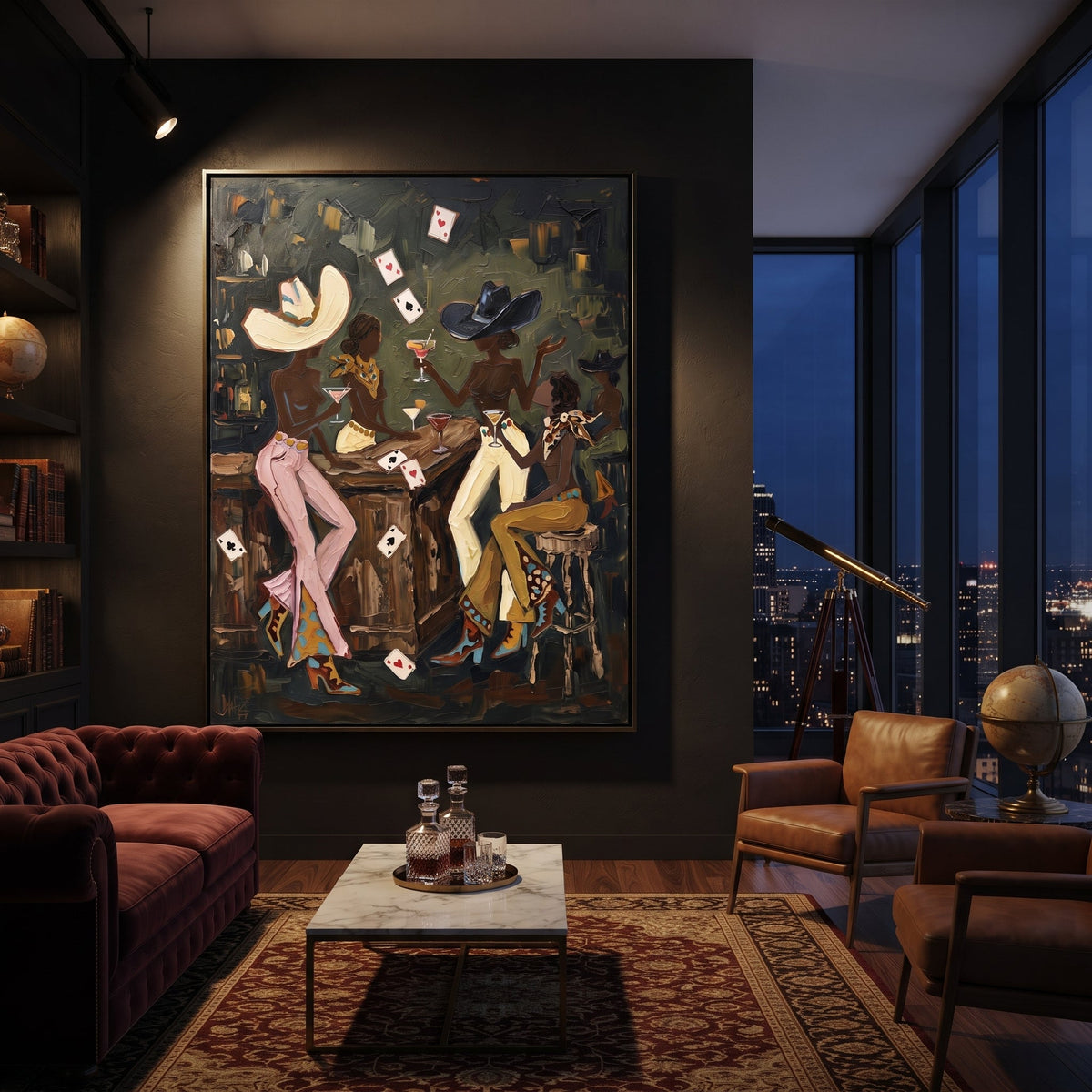 Cream Pants Table Duel focuses on cream pants table duel with two western figures, wide hats, black table or bar surface, martini glasses, floating playing cards, and dark olive saloon ground. The composition is built from the exact pose, clothing shape, accessories, furniture, animal form, shoreline, palm shape, surfboard, or table arrangement visible in this artwork, so the image reads as a specific modern figurative painting rather than a generic decorative abstract. The green; pink; black