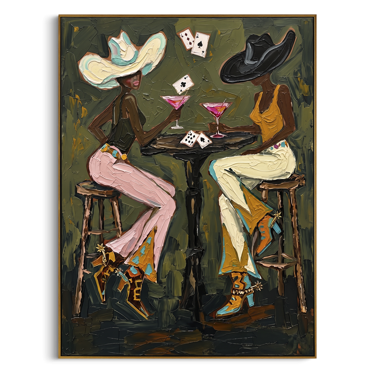 Two Hat Poker Conversation focuses on two hat poker conversation with two western figures, wide hats, black table or bar surface, martini glasses, floating playing cards, and dark olive saloon ground. The composition is built from the exact pose, clothing shape, accessories, furniture, animal form, shoreline, palm shape, surfboard, or table arrangement visible in this artwork, so the image reads as a specific modern figurative painting rather than a generic decorative abstract. The green; pink