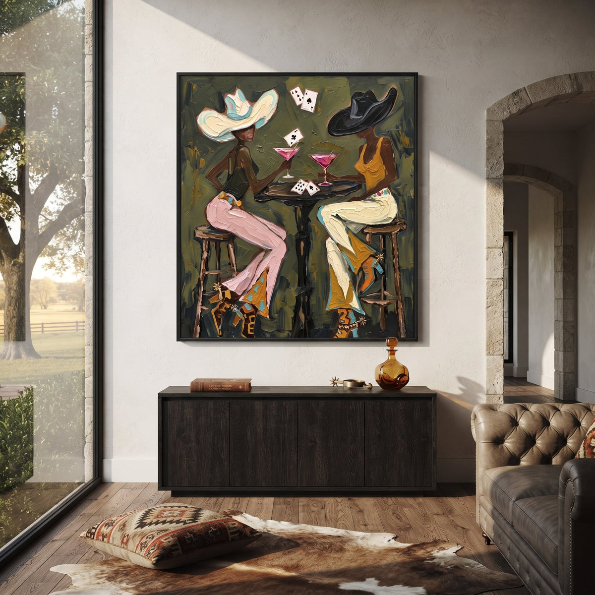 Two Hat Poker Conversation focuses on two hat poker conversation with two western figures, wide hats, black table or bar surface, martini glasses, floating playing cards, and dark olive saloon ground. The composition is built from the exact pose, clothing shape, accessories, furniture, animal form, shoreline, palm shape, surfboard, or table arrangement visible in this artwork, so the image reads as a specific modern figurative painting rather than a generic decorative abstract. The green; pink