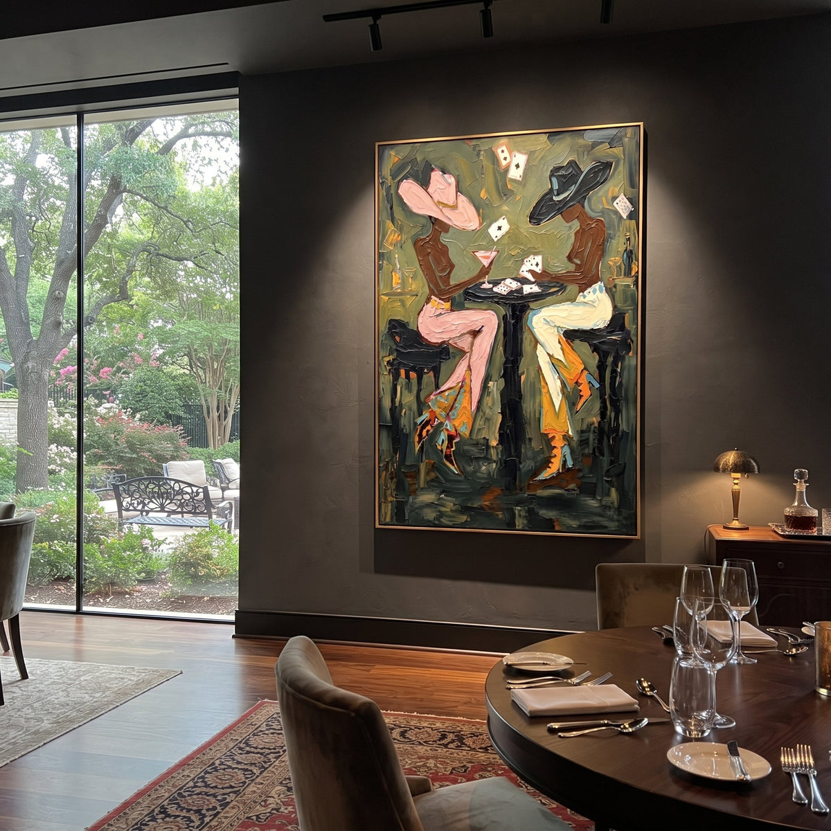 Floating Card Martini Pair focuses on floating card martini pair with two western figures, wide hats, black table or bar surface, martini glasses, floating playing cards, and dark olive saloon ground. The composition is built from the exact pose, clothing shape, accessories, furniture, animal form, shoreline, palm shape, surfboard, or table arrangement visible in this artwork, so the image reads as a specific modern figurative painting rather than a generic decorative abstract. The green; pink