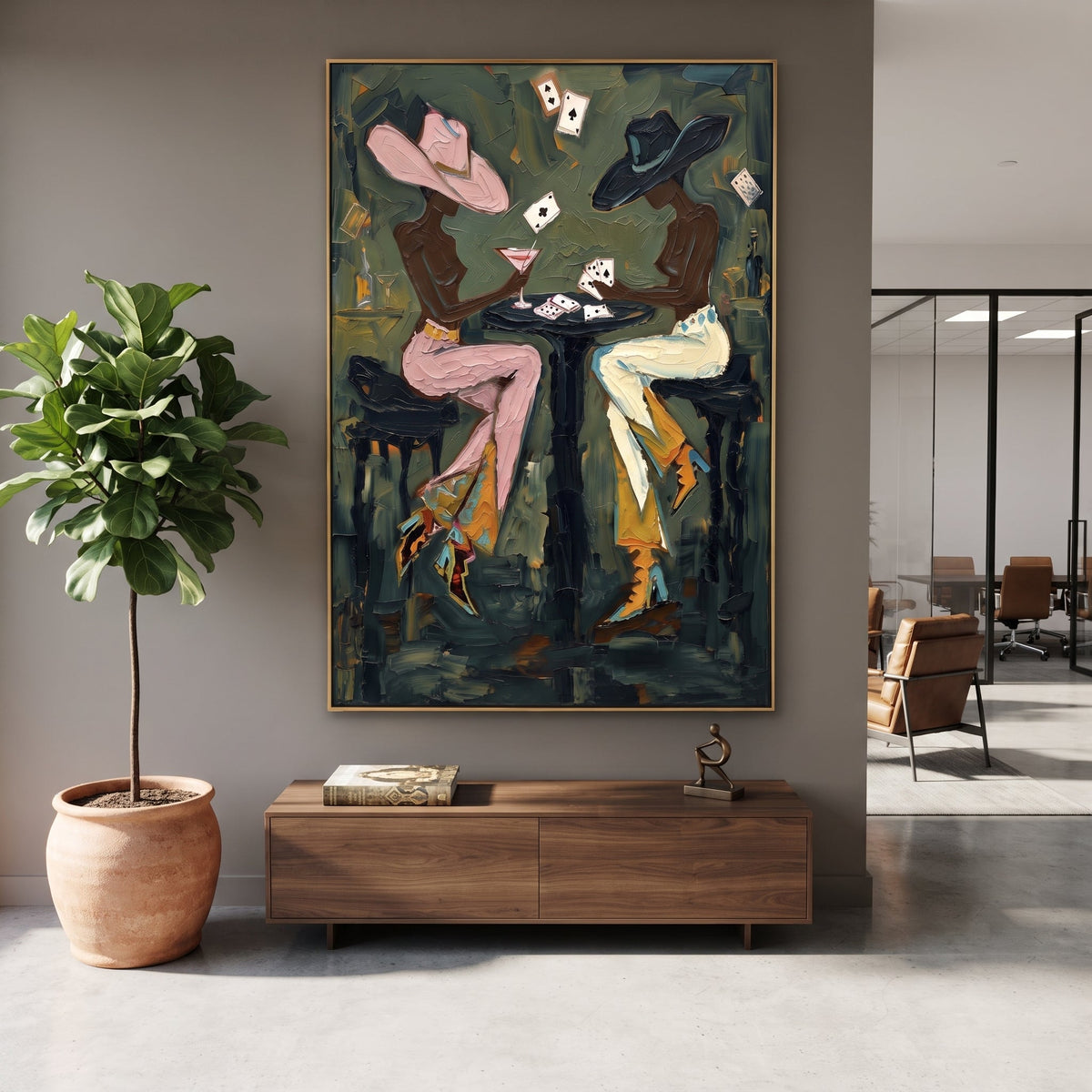 Floating Card Martini Pair focuses on floating card martini pair with two western figures, wide hats, black table or bar surface, martini glasses, floating playing cards, and dark olive saloon ground. The composition is built from the exact pose, clothing shape, accessories, furniture, animal form, shoreline, palm shape, surfboard, or table arrangement visible in this artwork, so the image reads as a specific modern figurative painting rather than a generic decorative abstract. The green; pink