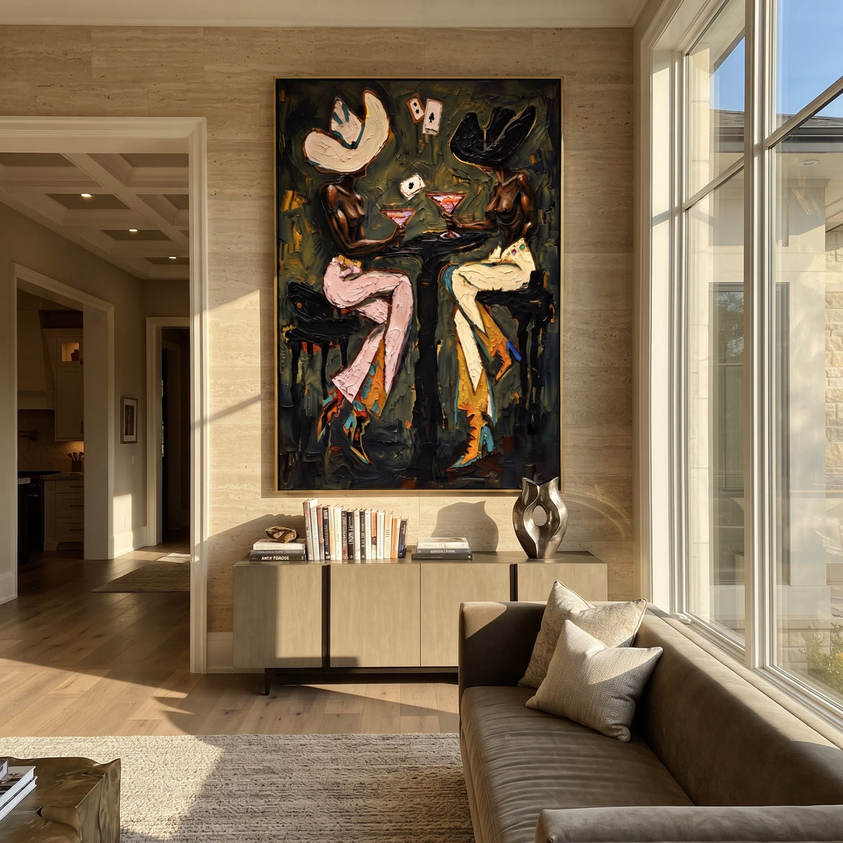 Olive Wall Poker Figures focuses on olive wall poker figures with two western figures, wide hats, black table or bar surface, martini glasses, floating playing cards, and dark olive saloon ground. The composition is built from the exact pose, clothing shape, accessories, furniture, animal form, shoreline, palm shape, surfboard, or table arrangement visible in this artwork, so the image reads as a specific modern figurative painting rather than a generic decorative abstract. The green; pink