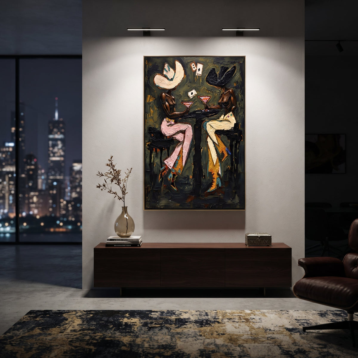 Olive Wall Poker Figures focuses on olive wall poker figures with two western figures, wide hats, black table or bar surface, martini glasses, floating playing cards, and dark olive saloon ground. The composition is built from the exact pose, clothing shape, accessories, furniture, animal form, shoreline, palm shape, surfboard, or table arrangement visible in this artwork, so the image reads as a specific modern figurative painting rather than a generic decorative abstract. The green; pink