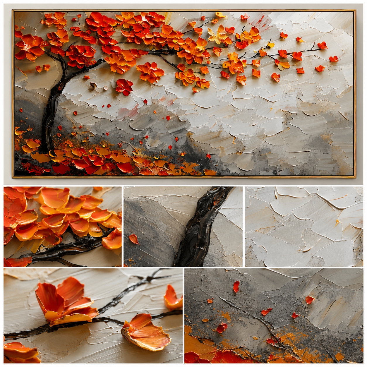 "Autumn Canopy" - Orange Blossom Tree Impasto Painting | White Grey & Gold Horizontal Wall Art