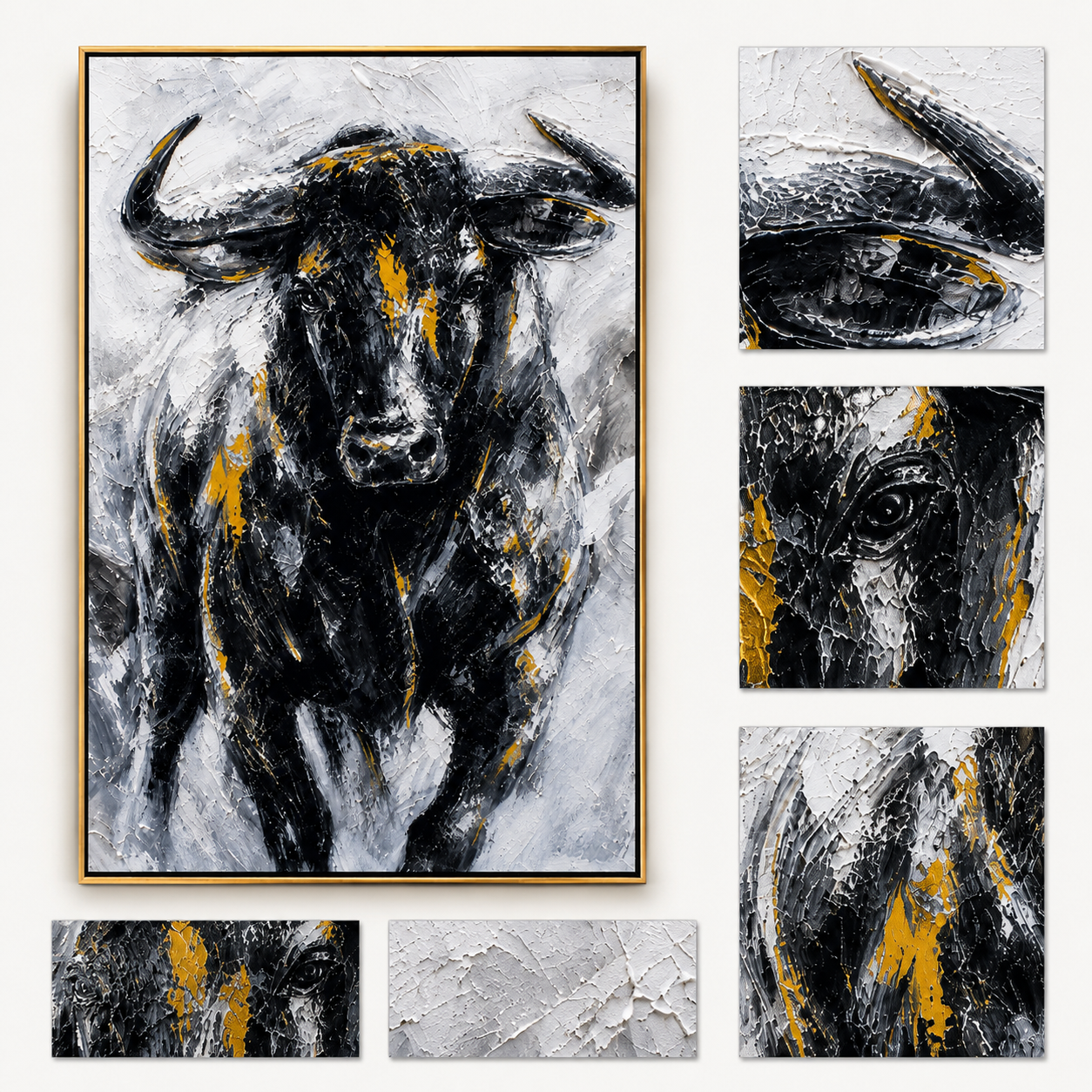 "Iron Buffalo" - Black White & Gold Textured Buffalo Portrait | Vertical Animal Wall Art