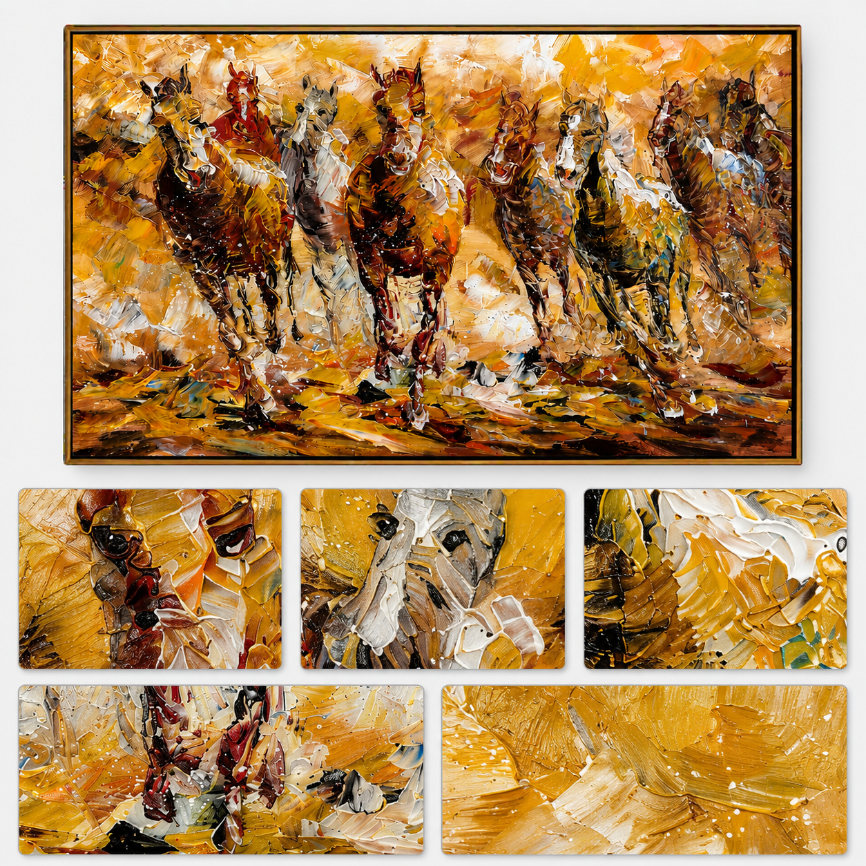 "Golden Gallop" - Colorful Impasto Horse Herd Painting | Brown Gold & White Equestrian Wall Art