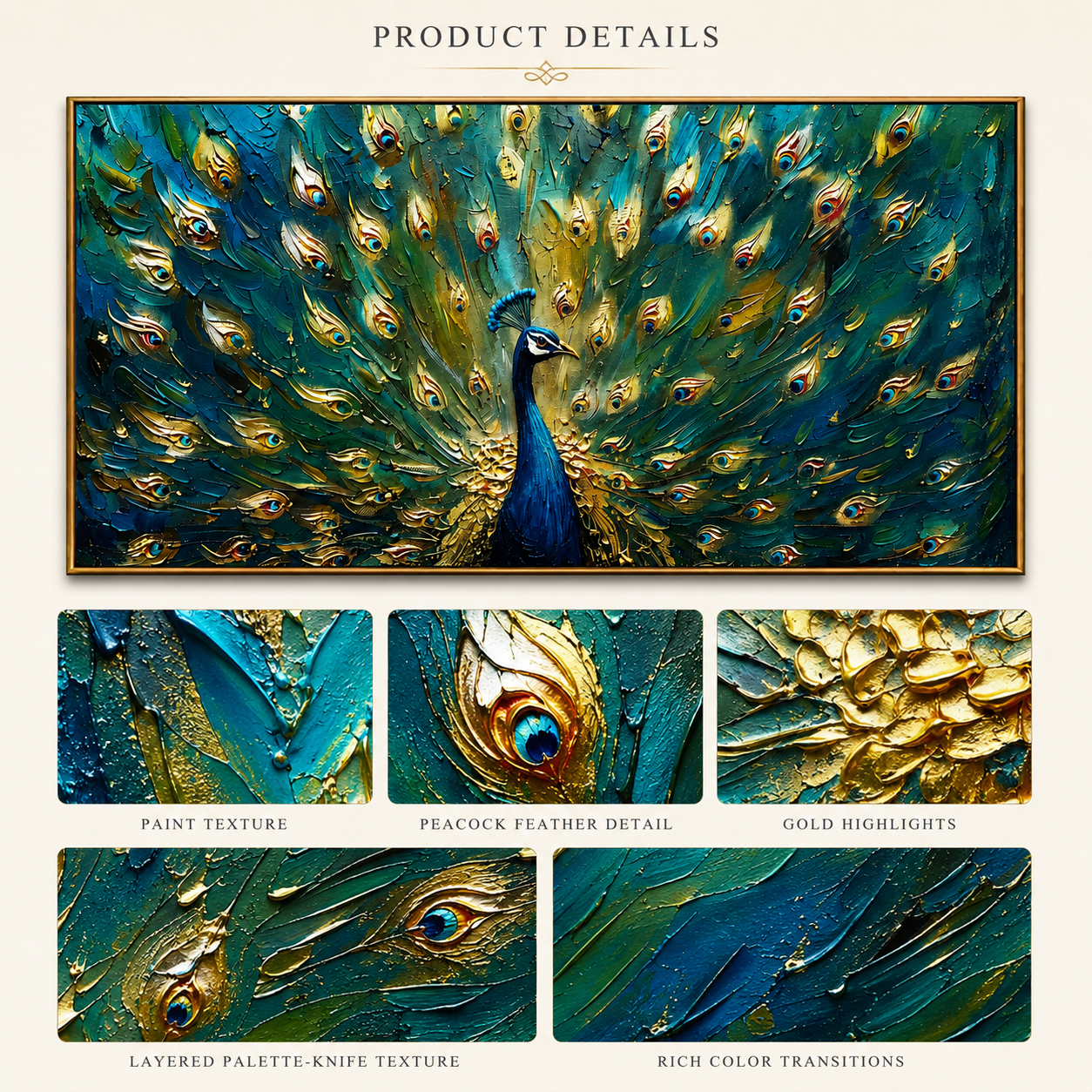 "Emerald Peacock" - Textured Peacock Painting | Green Blue & Gold Animal Wall Art