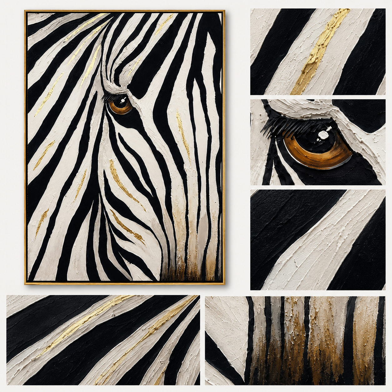 "Golden Gaze" - Textured Zebra Portrait Painting | Black White & Gold Vertical Animal Wall Art