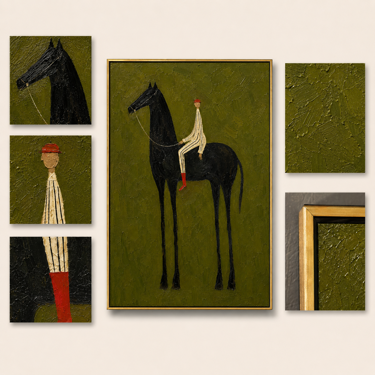 "Black Horse Reverie" - Minimalist Rider & Horse Painting | Olive Green Vertical Animal Wall Art
