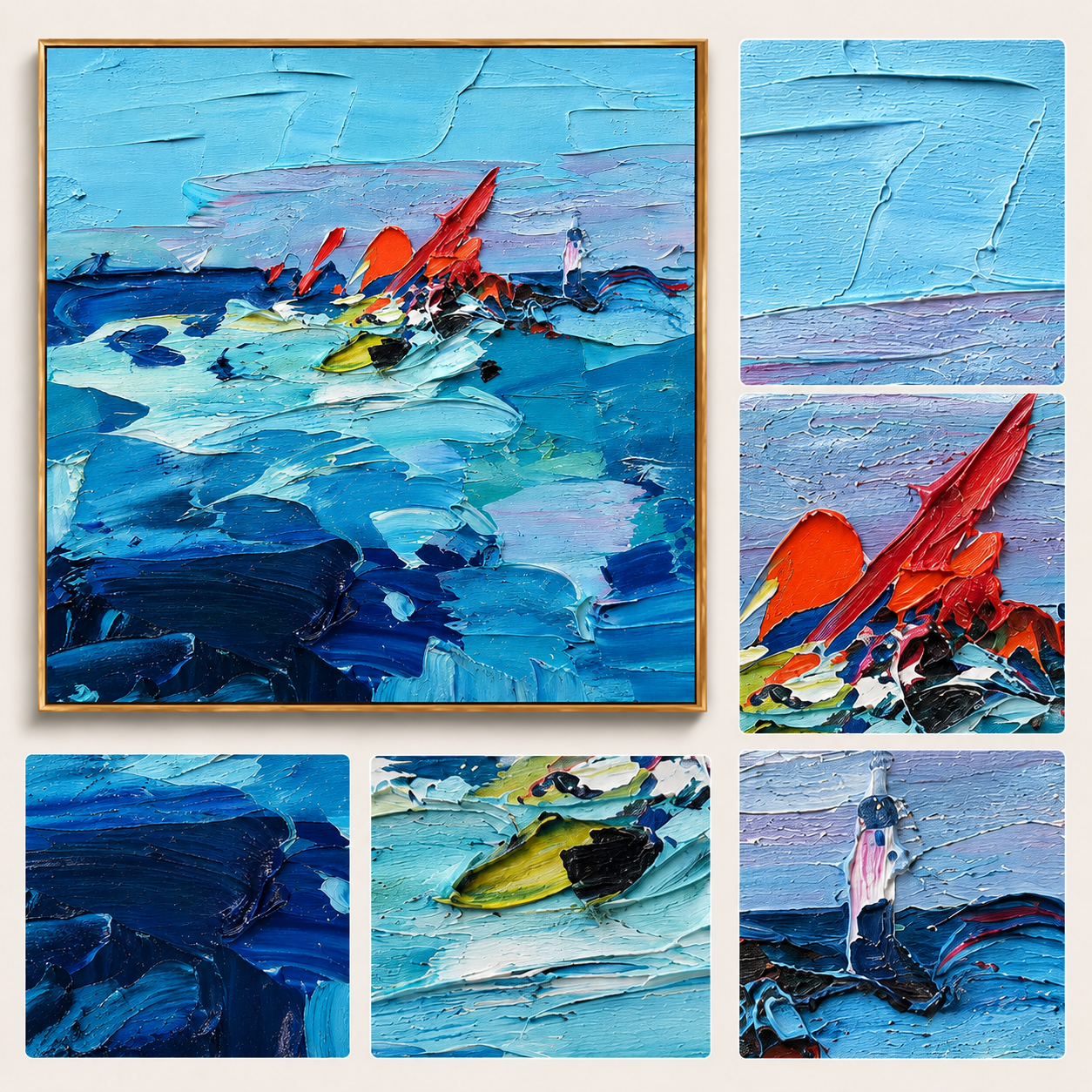 "Blue Current" - Colorful Impasto Ocean Painting | Blue Red & Yellow Seascape Wall Art