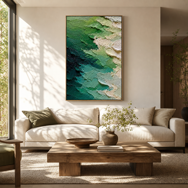 "Aqua Foam Relief" - Green Blue 3D Textured Abstract Painting | Wabi-Sabi Wall Art