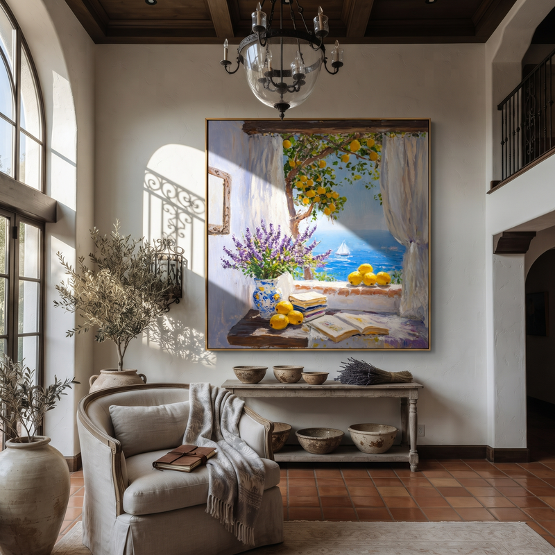 "Lemon Window Sea" - Still Life Coastal Painting | Floral Wall Art