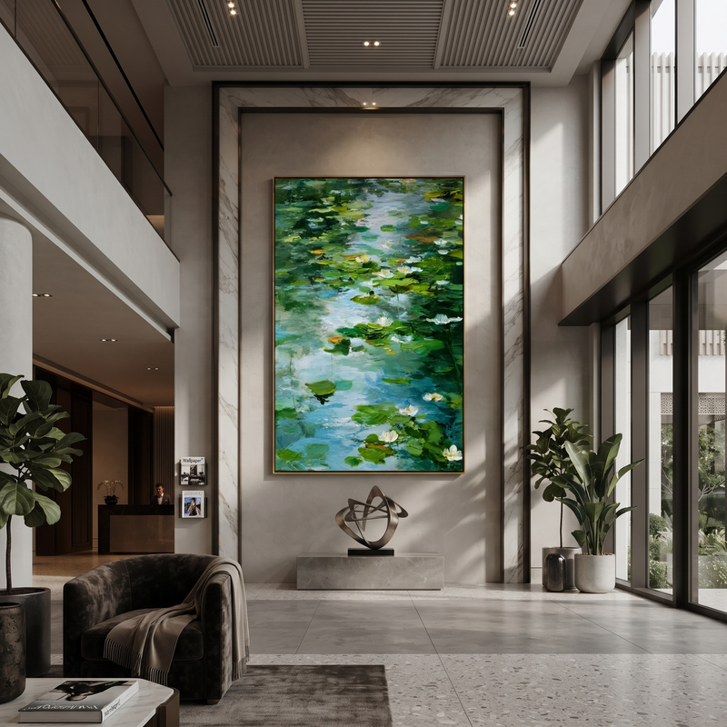 "Water Lily Reflections" - Green Blue Pond Painting | Floral Wall Art