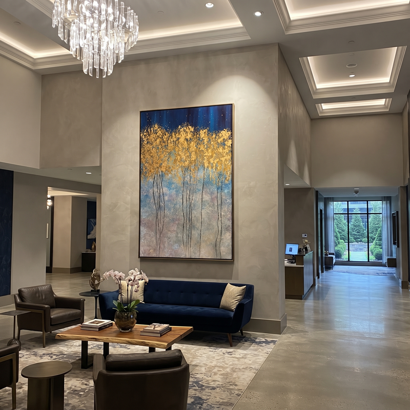 "Golden Winter Trees" - Blue Gold Landscape Painting | Wabi-Sabi Wall Art