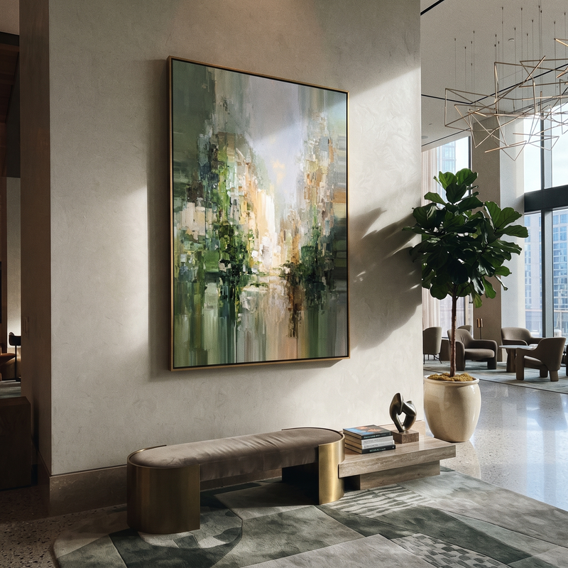 "Rainlit City Passage" - Vertical Urban Landscape Painting | Modern Wall Art