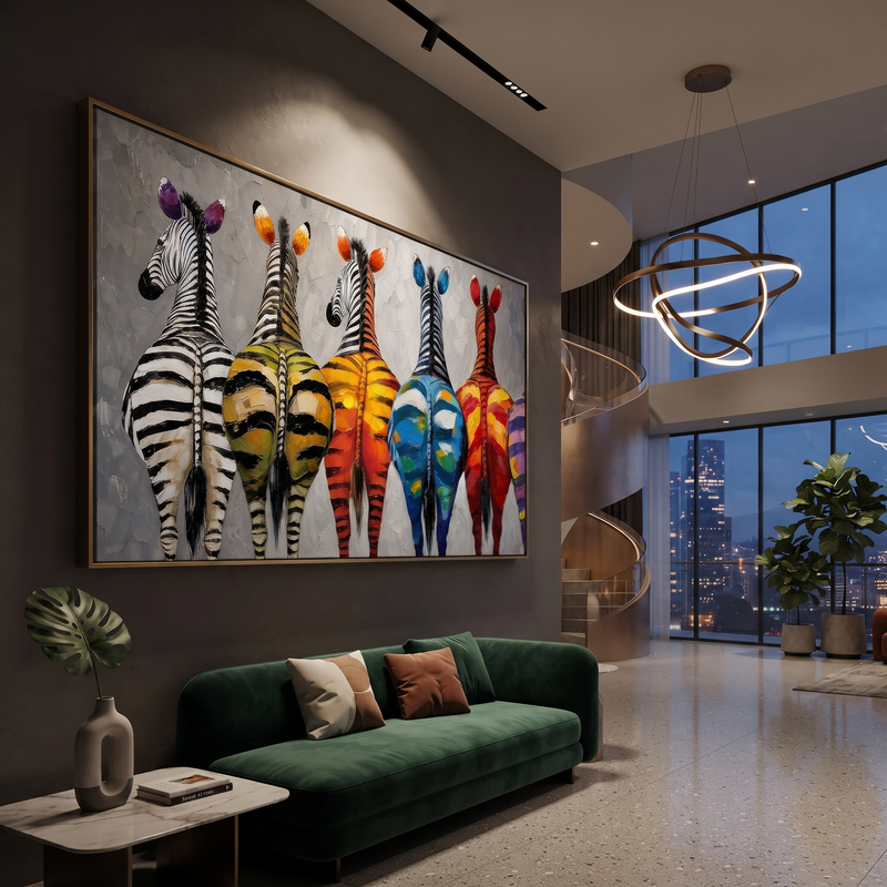 "Rainbow Zebra Parade" - Colorful Zebra Animal Painting | Contemporary Wall Art